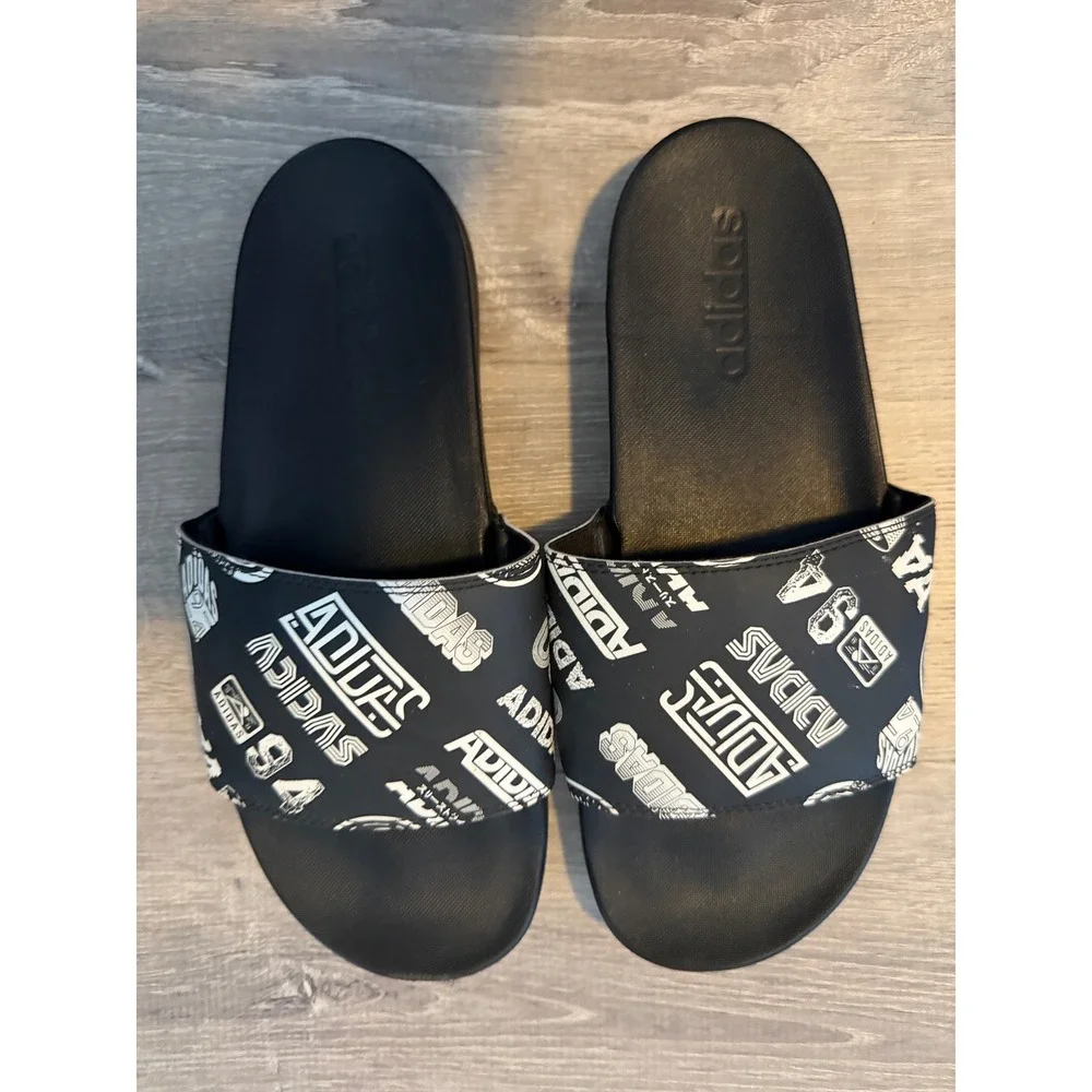Adidas Adilette Comfort Slides Black White Graphic Print Men 8